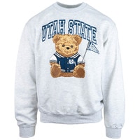 Utah State Teddy Bear in Varsity Jacket Unisex Crew Sweatshirt Gray